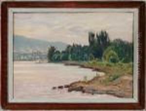Uferlandschaft Mit Blick Auf Eine Stadt Links Im Hintergrund by Otto Pilny