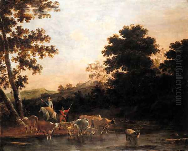 Cowherds watering cattle in an Italianate landscape - view 1