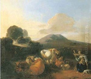 An Italianate landscape with shepherds with goats, sheep and cattle resting by a river by Willem Romeyn