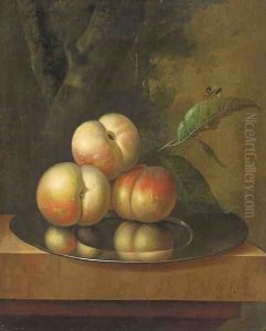 Peaches and a bee on a pewter platter