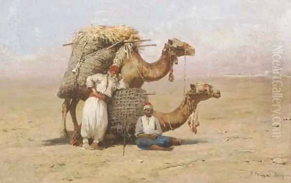 Two Arabs resting with their camels - view 1