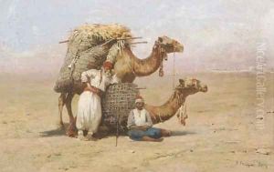 Two Arabs resting with their camels by Pasquale Ruggiero