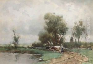 A cowherdess watering cows