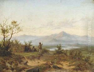 Artists working in a mountainous river landscape