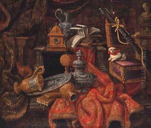 Books, a silver salver, silver-gilt ewer, clock and musical manuscript on gold embroidered drapery