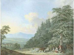 Cowherds resting on the edge of a wood, a mountainous landscape beyond