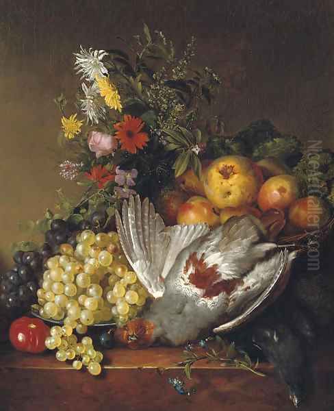 Poultry, fruit and flowers on a ledge - view 1