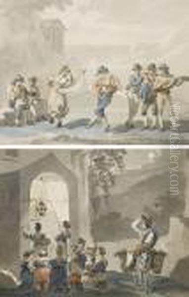 Un Couple Dansant Le 
'saltarello', Entoure De Musiciens; Et Des Femmes Et Des Enfants Se 
Recueillant Devant Une Chapelle Eclairee A Tivoli - view 1