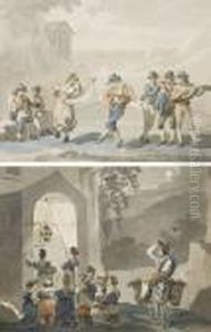 Un Couple Dansant Le
'saltarello', Entoure De Musiciens; Et Des Femmes Et Des Enfants Se
Recueillant Devant Une Chapelle Eclairee A Tivoli by Bartolomeo Pinelli