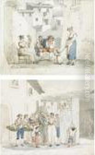 A Group Of Seven Watercolours Of
Roman Scenes: Peasants Worshipping At A Shrine; A Punch And Judy Show; A
Family Playing With Children; Peasants On A Road; A Tavern Scene;
Washerwomen; Musicians Serenading - view 1
