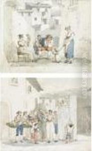 A Group Of Seven Watercolours Of
 Roman Scenes: Peasants Worshipping At A Shrine; A Punch And Judy Show; A
 Family Playing With Children; Peasants On A Road; A Tavern Scene; 
Washerwomen; Musicians Serenading by Bartolomeo Pinelli