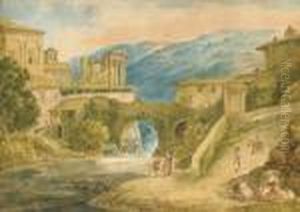 Tivoli With The Temple Of Vesta, Figures In The Foreground by Bartolomeo Pinelli
