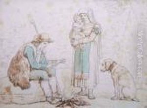 Junge Familie Mit Hund Bei Einem
 Lagerfeuer (ciociari Accando Il Fucco); Familie Mit Dem Kind Im Freien