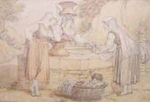 Drei Romische Frauen Mit Einem Kind Beim Wasser Holen An Einem Brunnen - view 1
