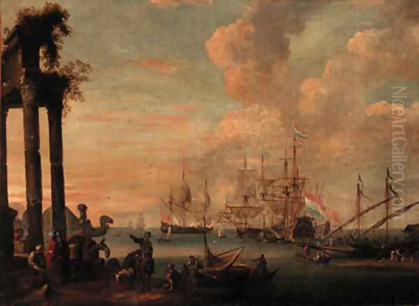 Dutch men-o'-war and other shipping moored in a calm beyond - view 1
