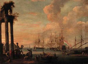 Dutch men-o'-war and other shipping moored in a calm beyond by Nicolaes Ryckx