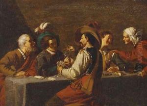 A soldier and others playing cards and drinking in a tavern interior by Theodoor Rombouts