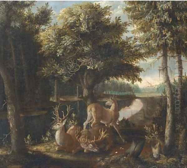 A wooded landscape with two stags and a deer in a clearing by a river - view 1