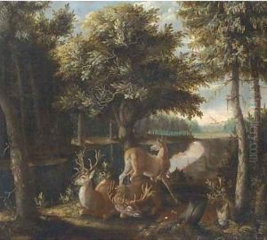 A wooded landscape with two stags and a deer in a clearing by a river by Franz Rosen Von Rosenhoff