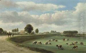 A panoramic view of a river landscape with cows in the forelands by Jan Van Ravenswaay