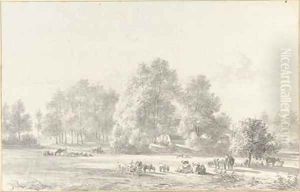A wooded landscape with cattle and sheep in a meadow near a farmhouse by Jan Van Ravenswaay