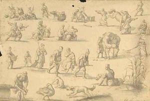 Studies of orientals spinning wool, smoking, horse coping, fishing, washing and in other postures by Jan Van Ravenswaay