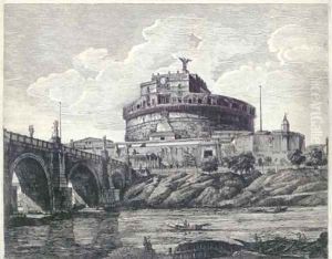 Veduta della Gran Mole Adriana, e Ponte Elio in oggi Ponte e Castel St Angelo by Luigi Rossini