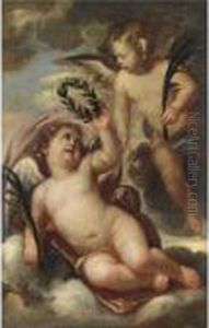 Due Putti Recanti Foglie Di Palma E Una Corona D'alloro by Domenico Piola