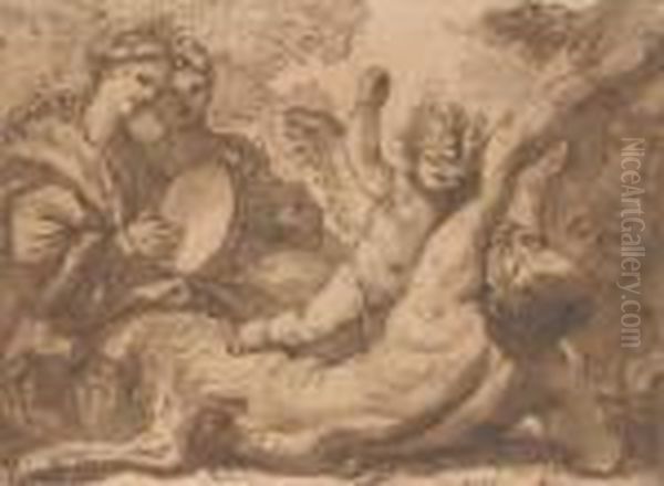 A Putto Striking A Satyr Bound To A Tree, Two Women Playing Atambourine On The Left - view 1