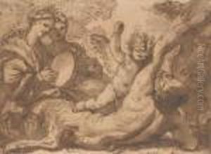 A Putto Striking A Satyr Bound To A Tree, Two Women Playing Atambourine On The Left by Domenico Piola