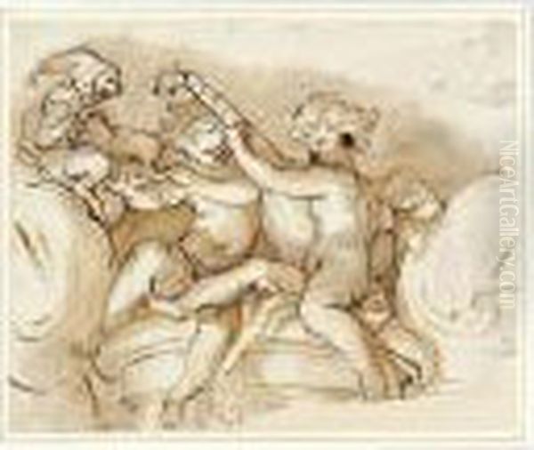 Two Music-making Putti Perched
On An Ionic Column, Their Score Held Up By A Monkey In A Hat - view 1