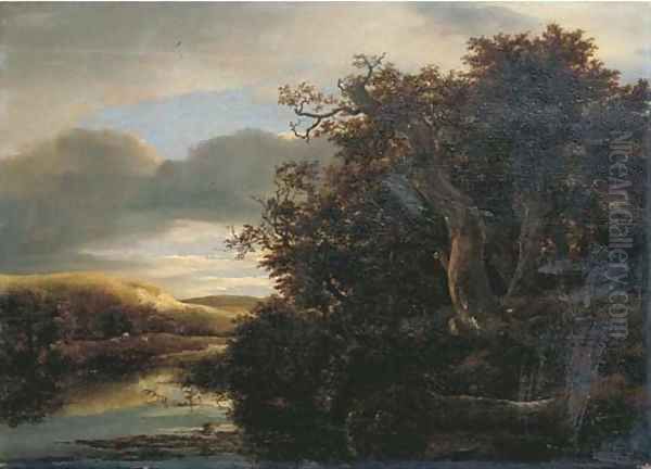 A wooded river landscape with travellers on a path - view 1