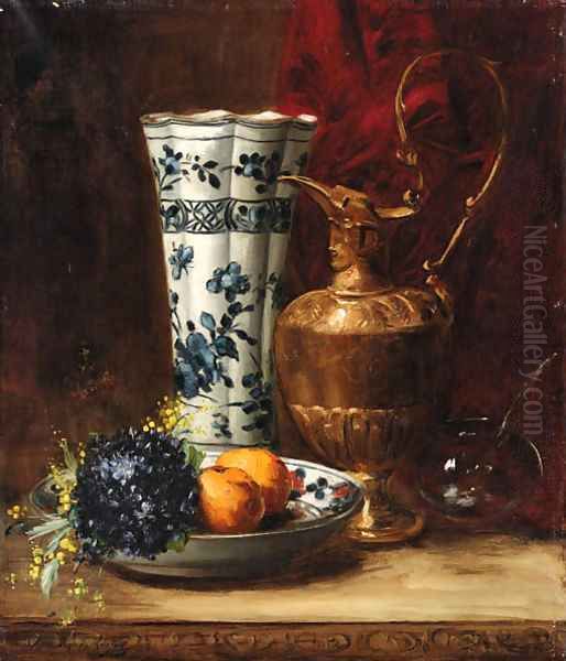 A bowl of oranges and violets with a ewer and a vase - view 1