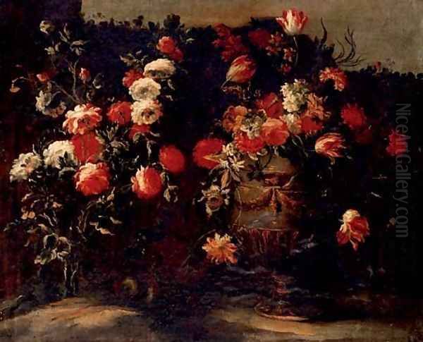 Tulips, roses, daffodils and other flowers in an urn, on a stone - view 1