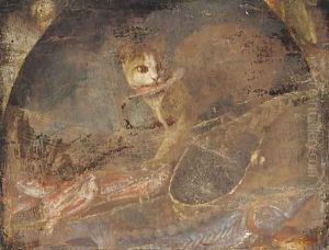 A cat stealing a fish from an upturned basket by Elena Recco