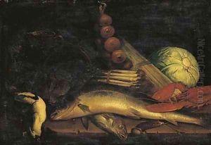 A lobster, cod, cabbage, onions, asparagus, a pheasant, wine and an upturned basket of oysters on a table