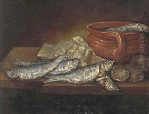 Herrings, oysters and an earthenware dish on a ledge Herrings, oysters and an earthenware dish on a ledge