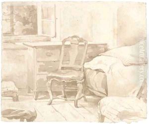 An interior with a chair by a chest of drawers by August Richter