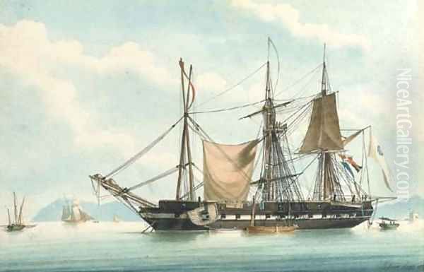 A frigate at anchor in a bay, undergoing an extensive refit - view 1
