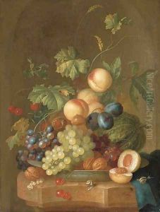 Grapes, cherries, plums, peaches, walnuts and a melon in a porcelain bowl