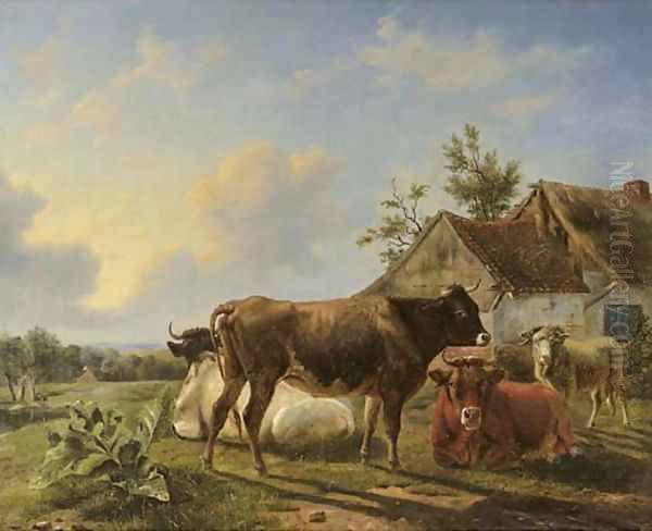 Cattle in a meadow by a farm - view 1