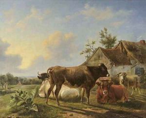 Cattle in a meadow by a farm by Louis Marie Dominique Romain Robbe