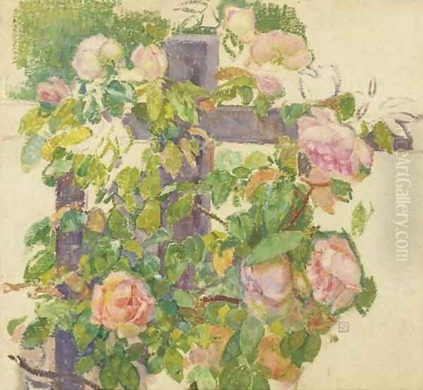 Pink roses over a fence - view 1