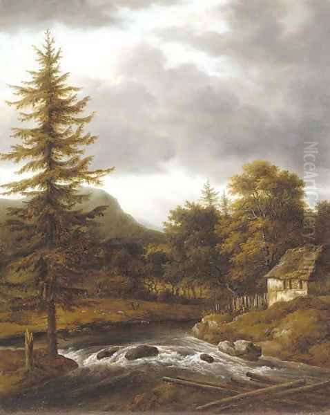 A wooded landscape with a riverside cottage - view 1