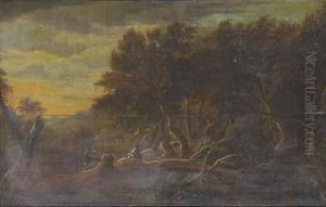 A wooded river landscape with anglers in the foreground by Jacob Van Ruisdael