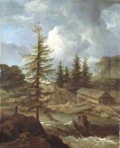 A wooded river landscape with peasants by a woodshed by Jacob Van Ruisdael
