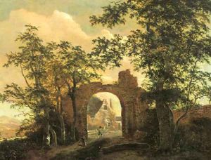 Travellers by the gate of a ruined country mansion by Jacob Van Ruisdael