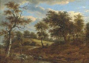 A wooded landscape with a shepherd driving his flock by Jacob Van Ruisdael