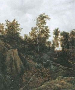 A wooded landscape with sportsmen on a wooded track by Jacob Van Ruisdael