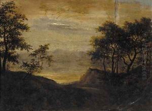 A wooded landscape with travellers on a path near a cottage by Jacob Van Ruisdael